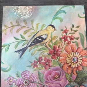 Kate McRostie Splendid Botanical I 10" X 10" Colorful Bird and Floral Canvas Art
